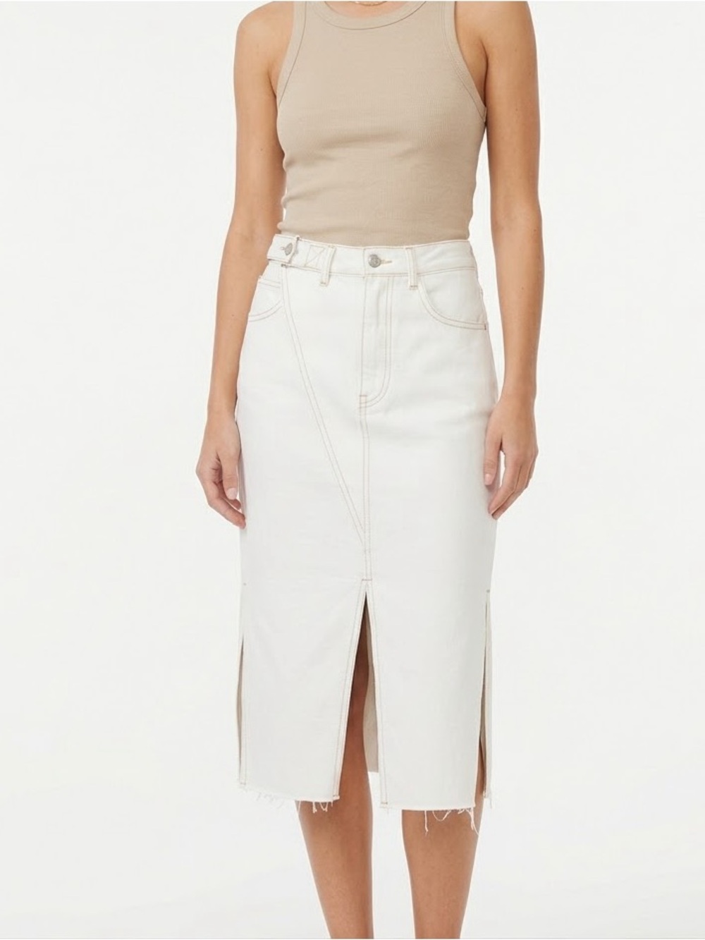 Liu Jo Off White Denim Midi Skirt with Slits Buckle Accent Knee Length
